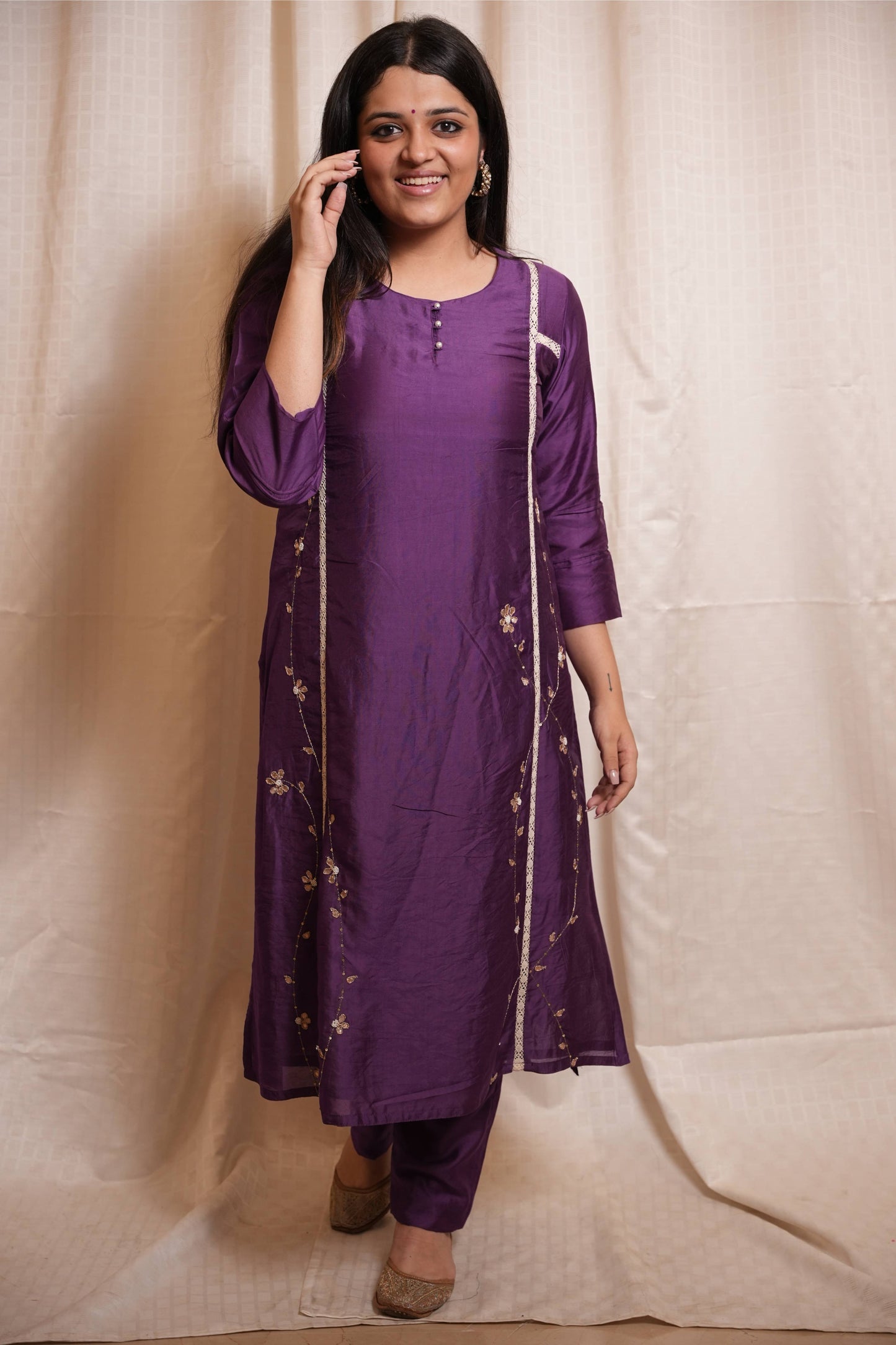 Purple Chanderi Lace Work Gotta Patti Kurta And Pant