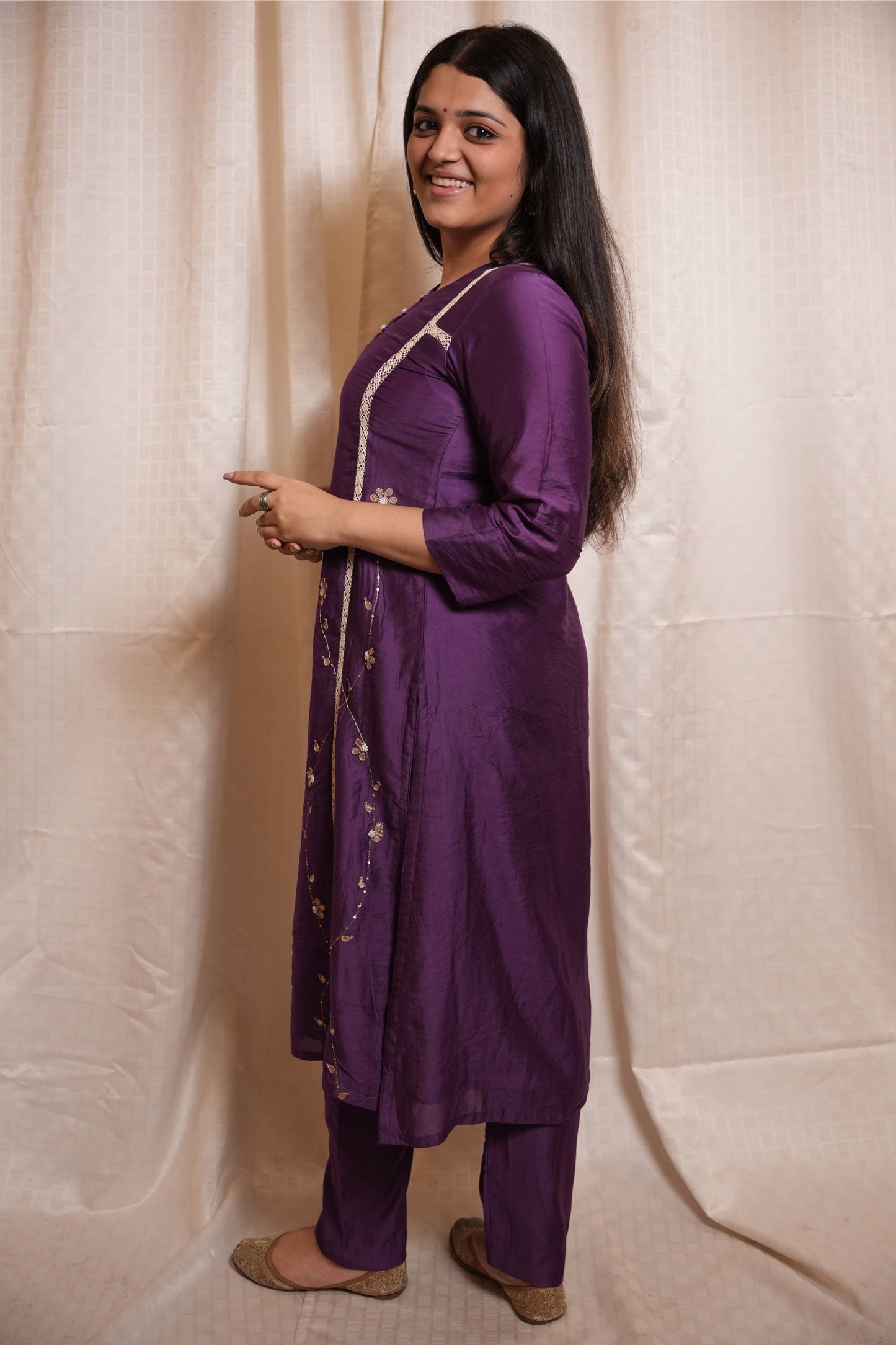 Purple Chanderi Lace Work Gotta Patti Kurta And Pant