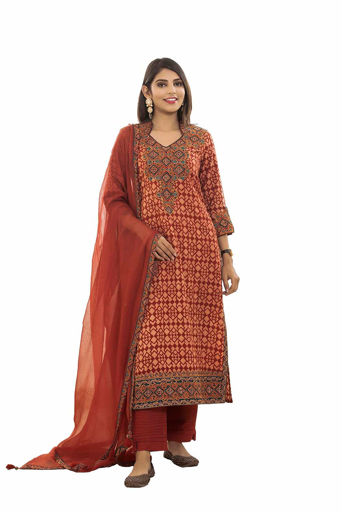 Red Ajrakh  Silk Embroidered suitset
