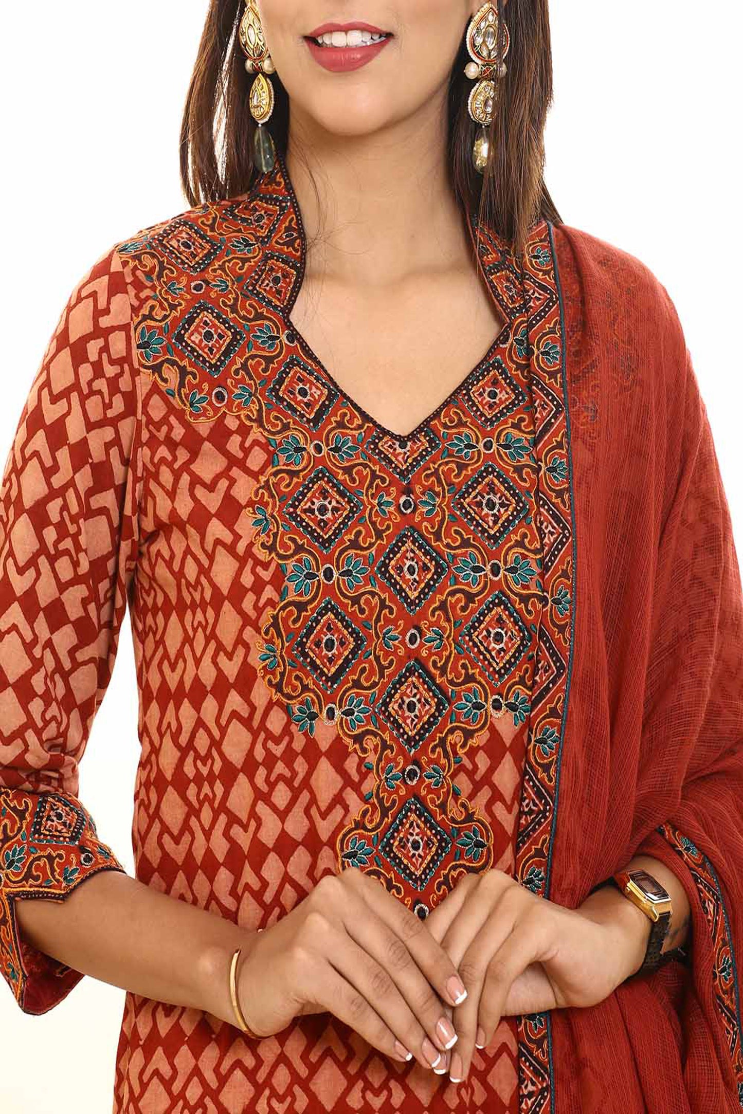 Red Ajrakh  Silk Embroidered suitset