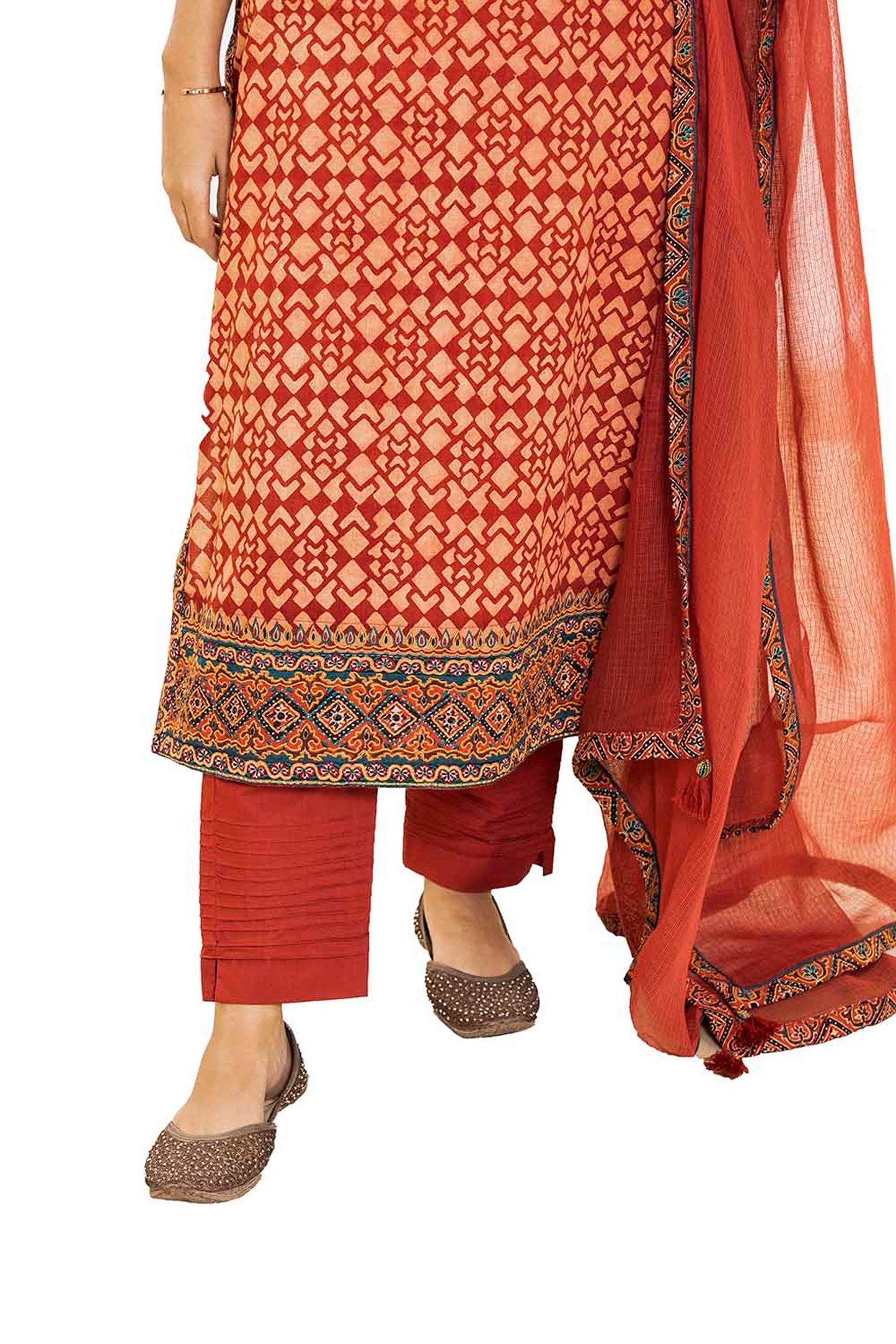 Red Ajrakh  Silk Embroidered suitset
