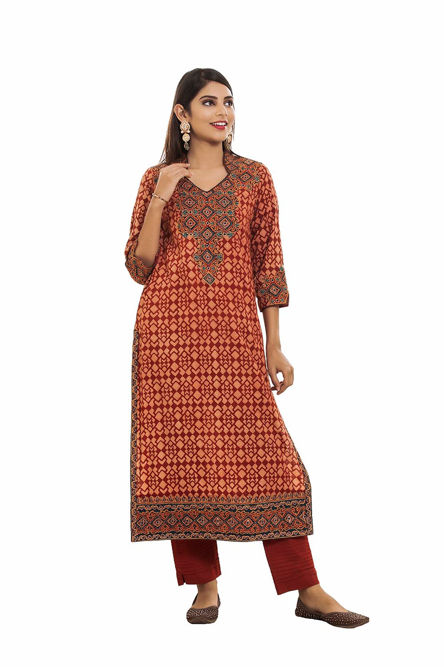 Red Ajrakh  Silk Embroidered suitset