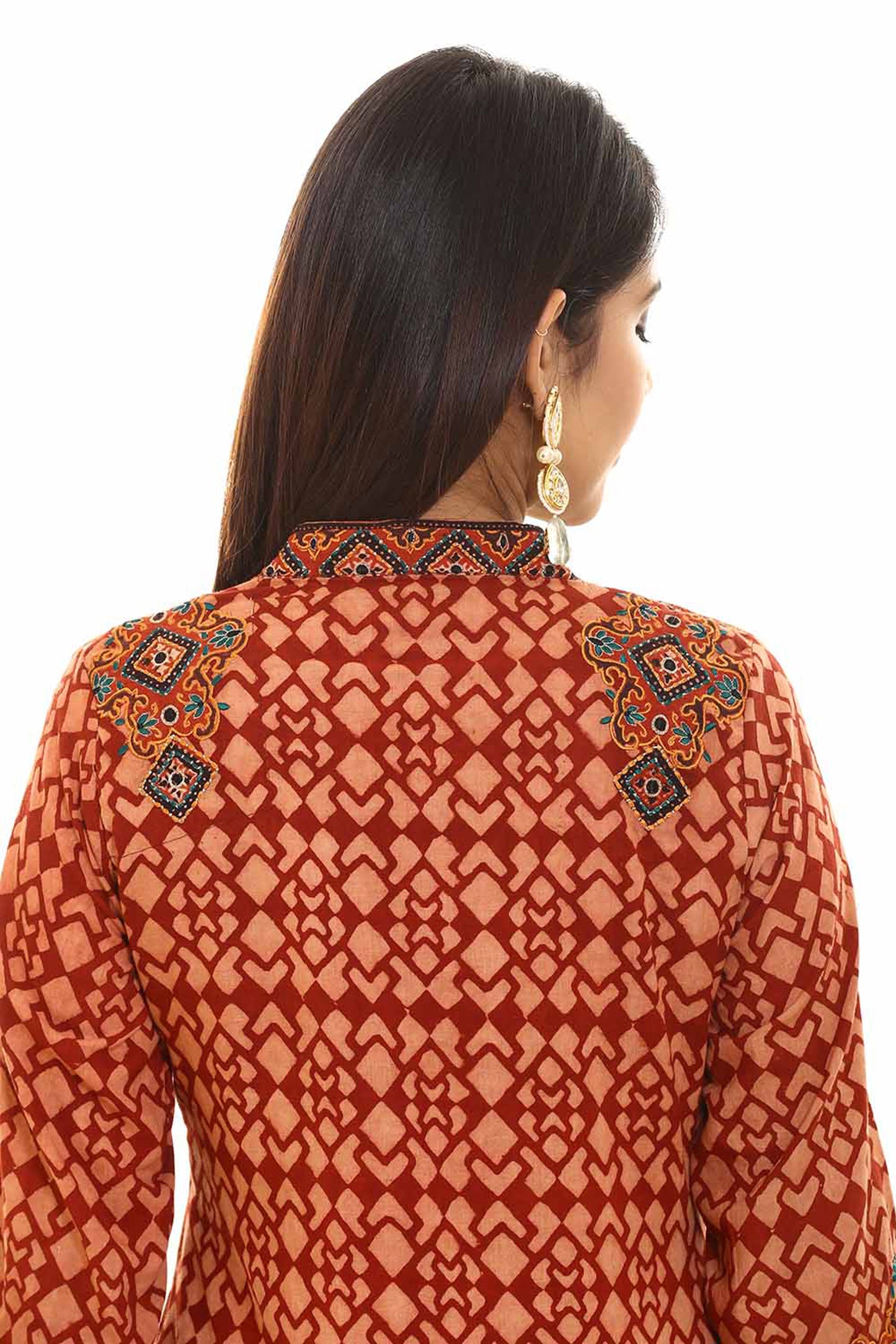Red Ajrakh  Silk Embroidered suitset