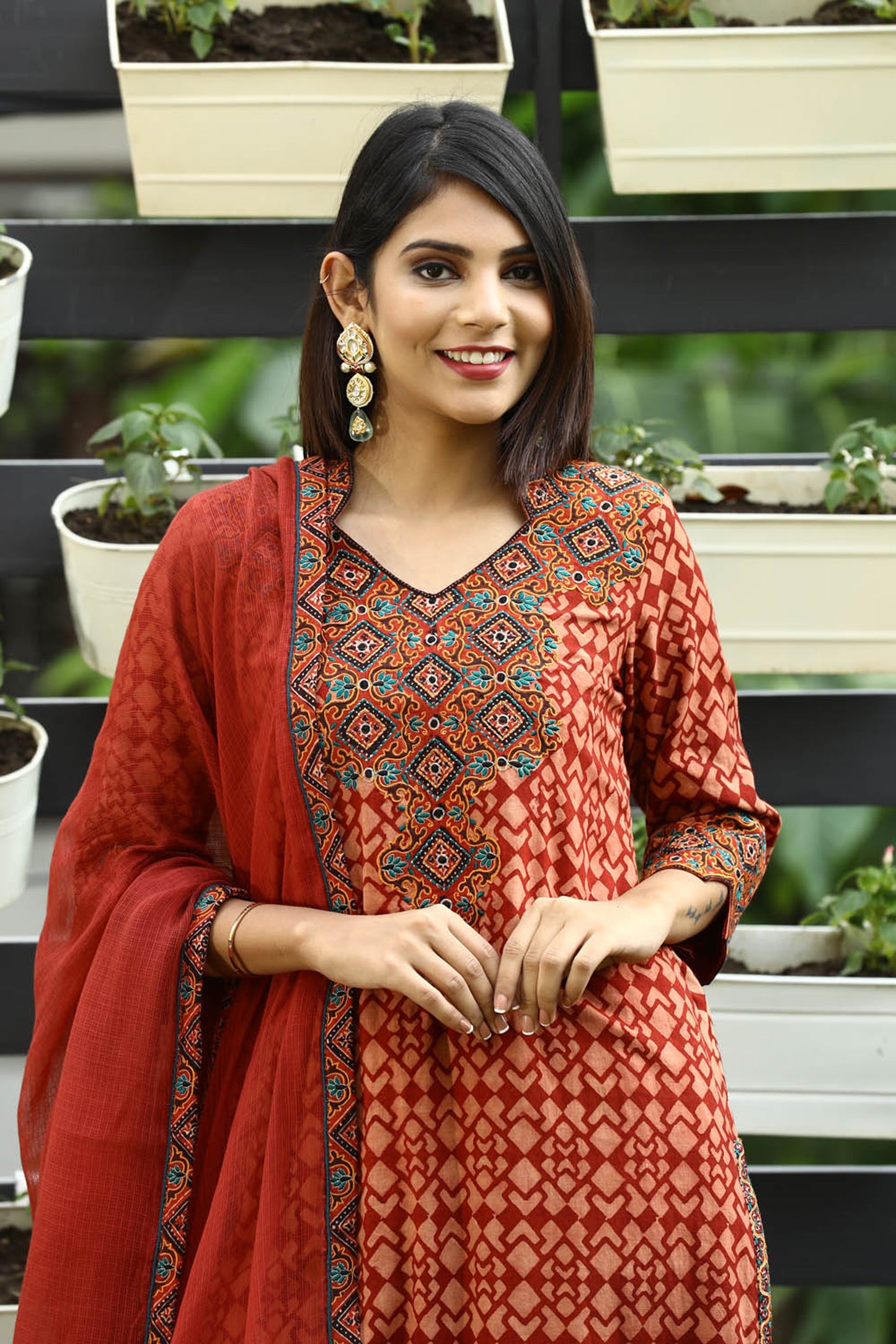 Red Ajrakh  Silk Embroidered suitset