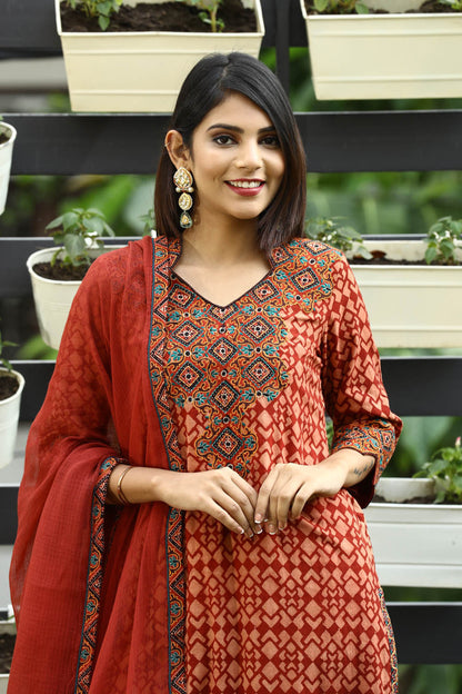 Red Ajrakh  Silk Embroidered suitset