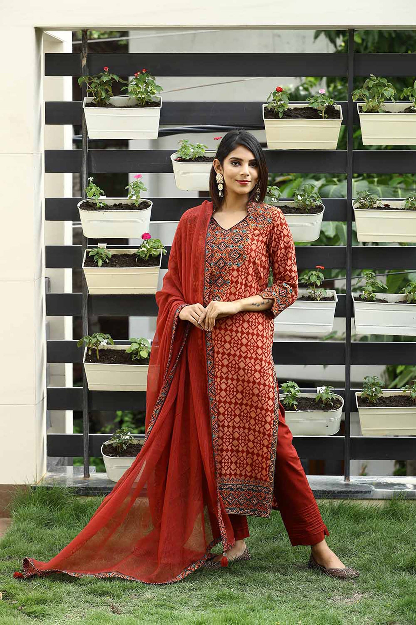 Red Ajrakh  Silk Embroidered suitset