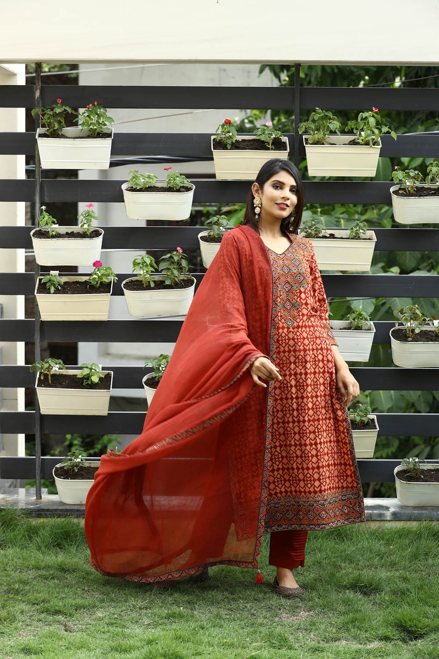 Red Ajrakh  Silk Embroidered suitset