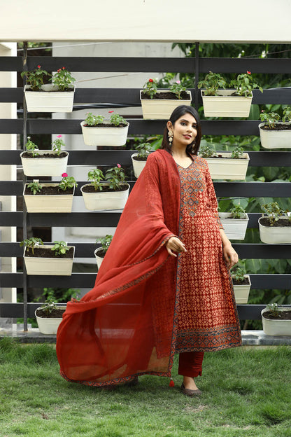 Red Ajrakh  Silk Embroidered suitset
