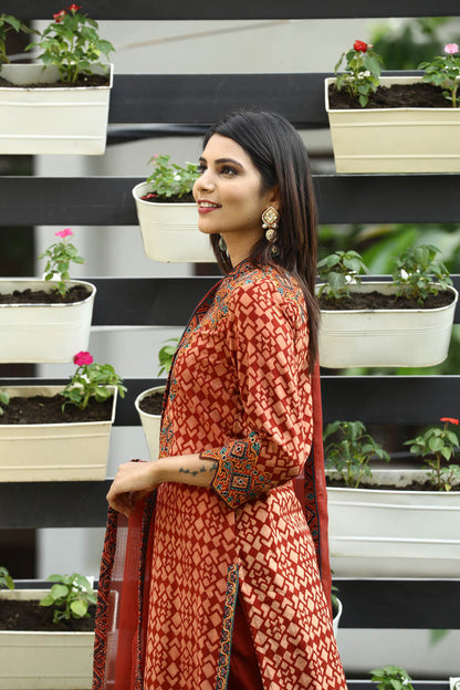 Red Ajrakh  Silk Embroidered suitset