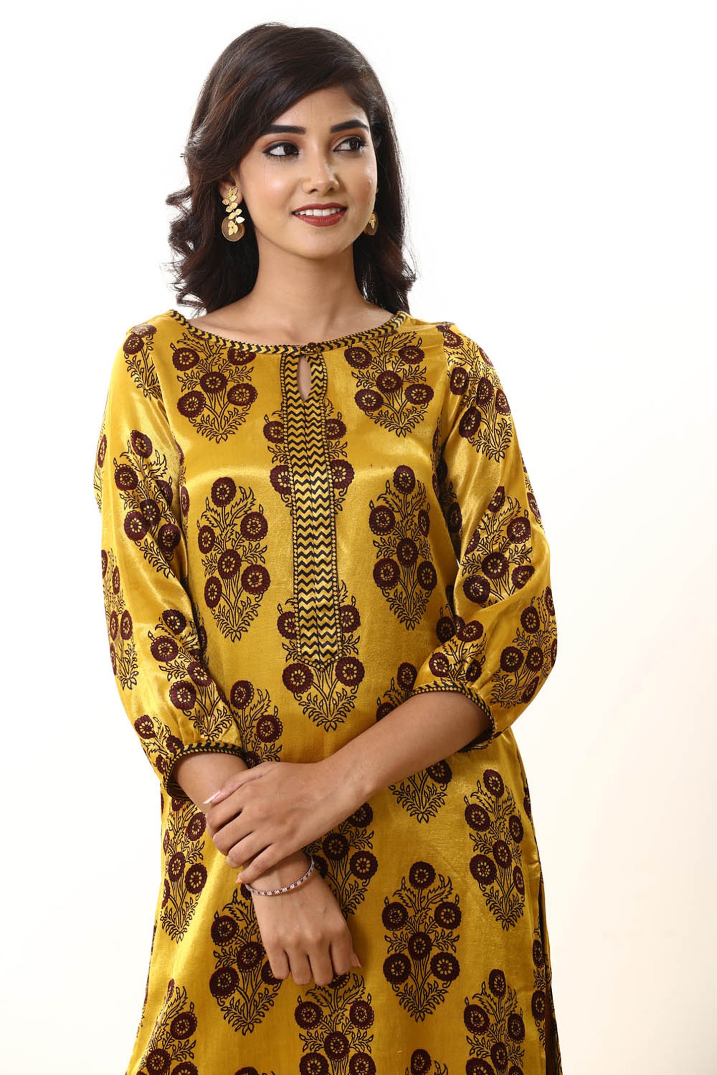 Yellow Mashru Bagh Print Kurta Pant