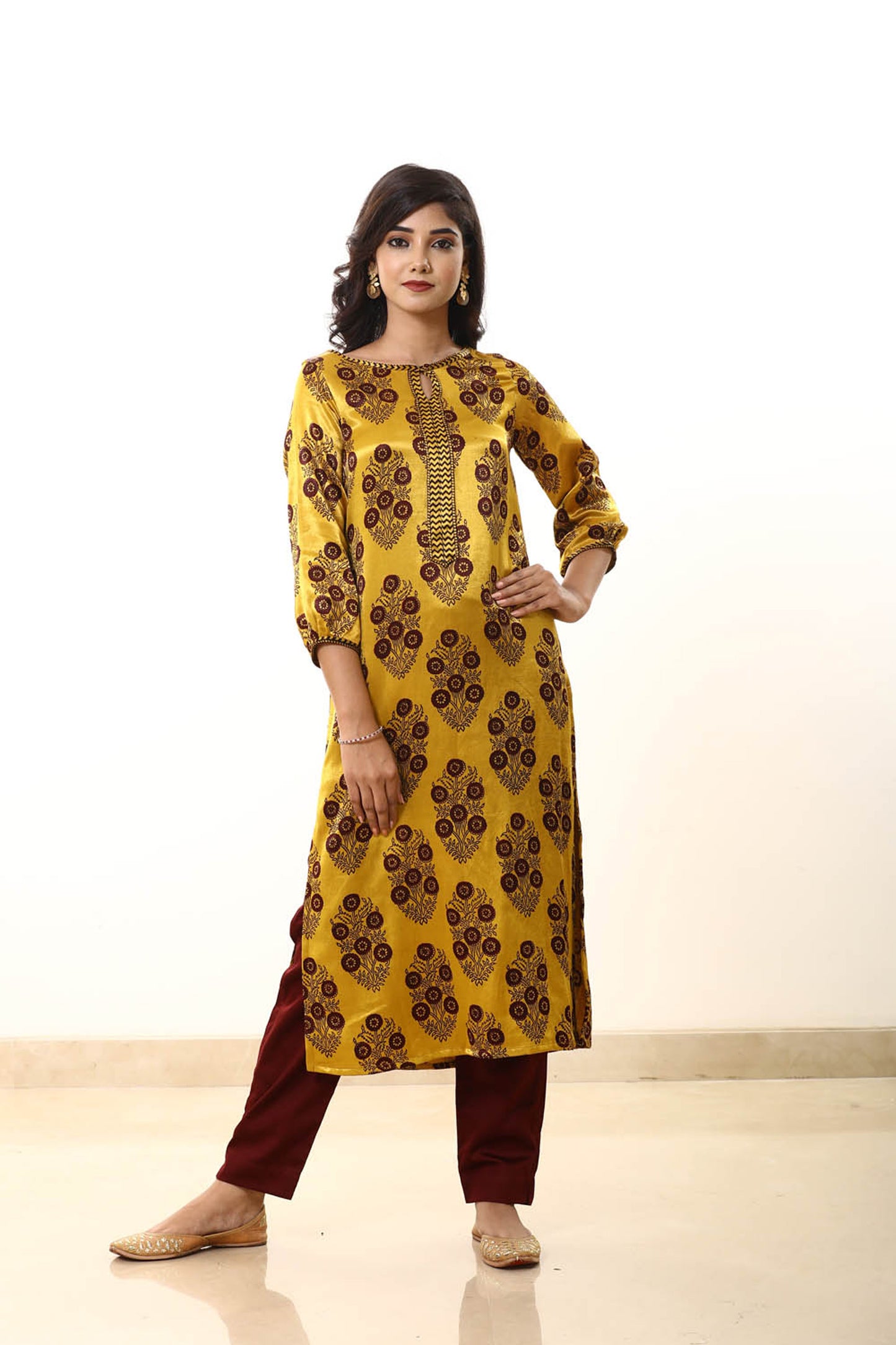 Yellow Mashru Bagh Print Kurta Pant