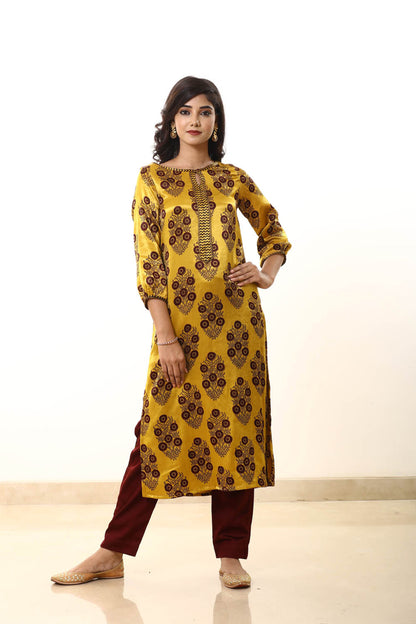 Yellow Mashru Bagh Print Kurta Pant