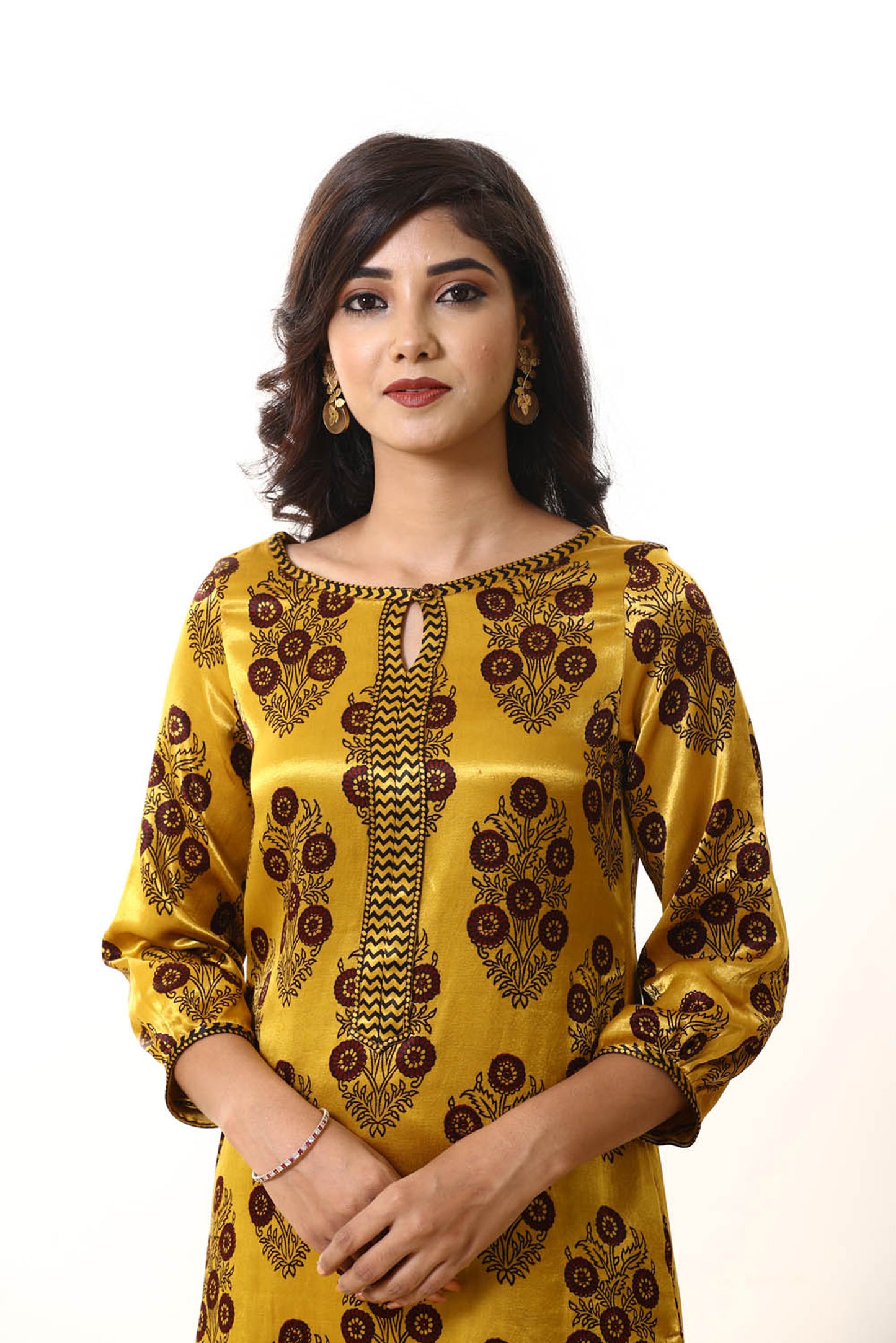 Yellow Mashru Bagh Print Kurta Pant