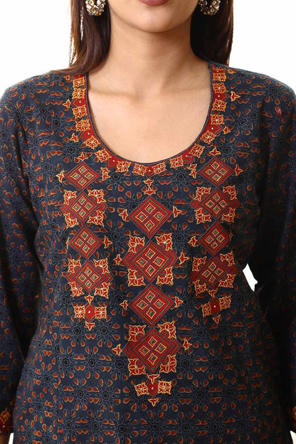 Blue patch Silk embroidered  Ajrakh suitset