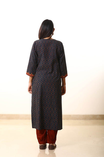 Blue patch Silk embroidered  Ajrakh suitset