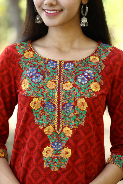 Red silk embroidered bagh print suitset