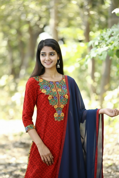 Red silk embroidered bagh print suitset