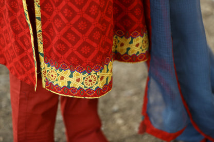 Red silk embroidered bagh print suitset