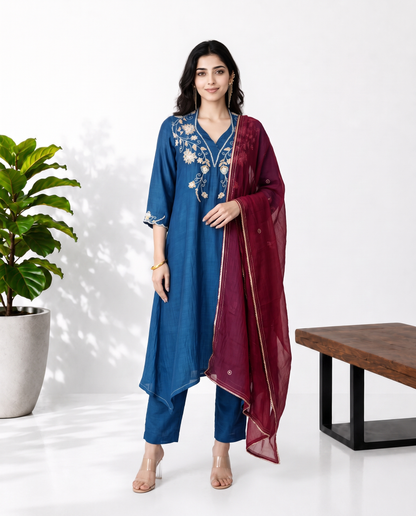 Blue Magenta Mul Chanderi Suitset