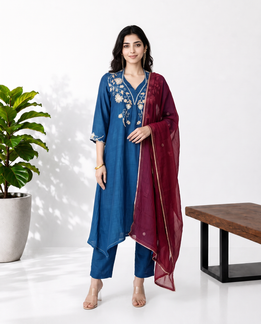 Blue Magenta Chanderi Suitset