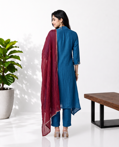 Blue Magenta Mul Chanderi Suitset