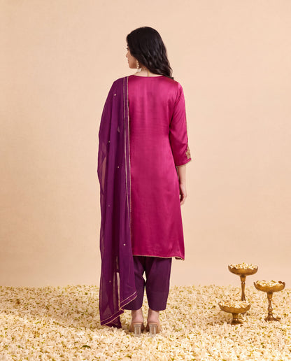 Purple Modal Satin suit with Burgundy Farshi salwar set and Burgundy Georget Dupatta