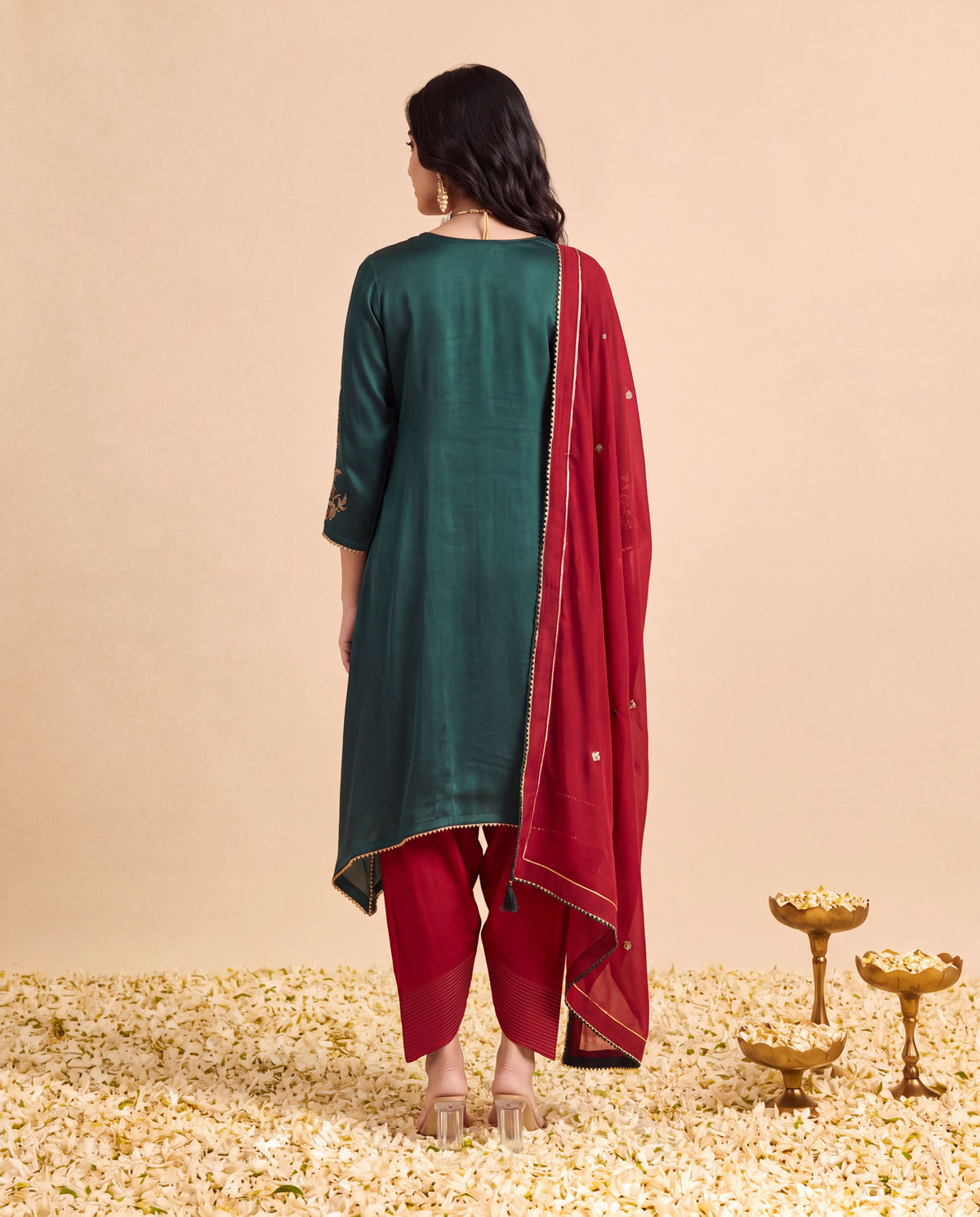 Green Modal Satin suit with Farshi salwar set and Marron Georget Dupatta