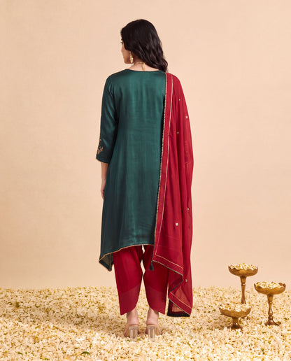 Green Modal Satin suit with Farshi salwar set and Marron Georget Dupatta
