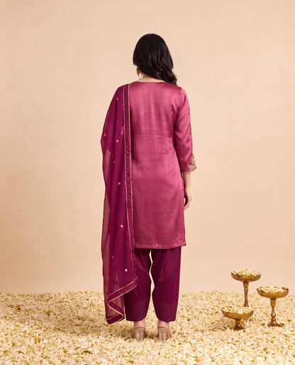 Rose Gold Modal Satin suit with Maroon Farshi salwar set and Maroon Georget Dupatta