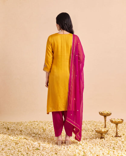 Yellow Modal Satin suit with Hot pink Farshi salwar and Hot Pink Georget Dupatta