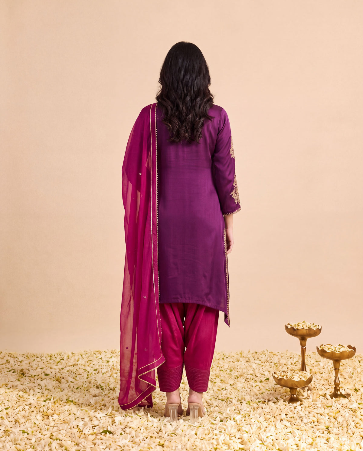 Burgundy Modal Satin suit with Magenta Farshi salwar set and Magenta Georget Dupatta