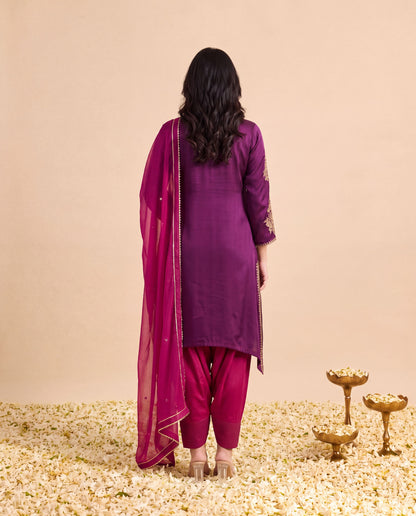Burgundy Modal Satin suit with Magenta Farshi salwar set and Magenta Georget Dupatta
