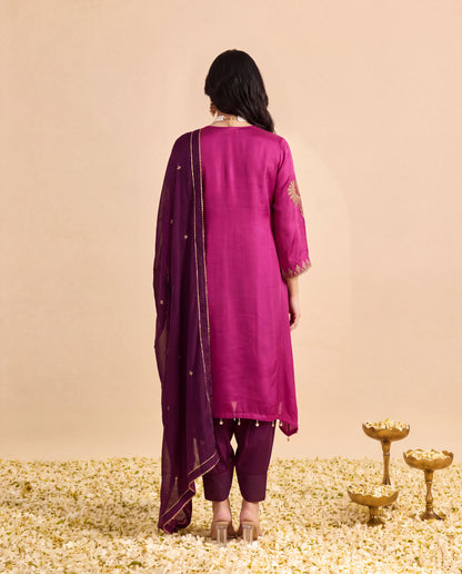 Purple Modal Satin suit with Burgundy Farshi salwar set and Burgundy Georget Dupatta
