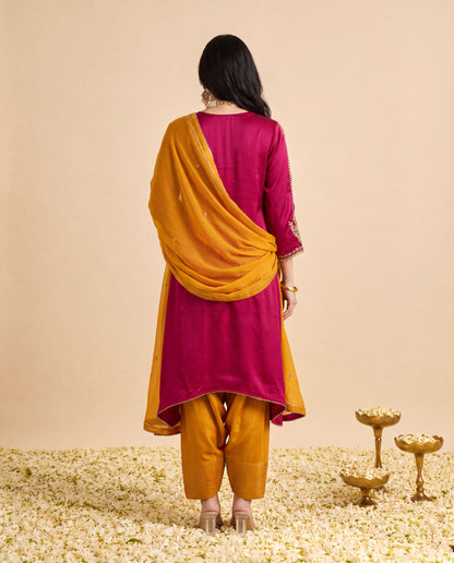 Magenta Modal Satin suit with Mustard Farshi salwar set and Mustard Georget Dupatta