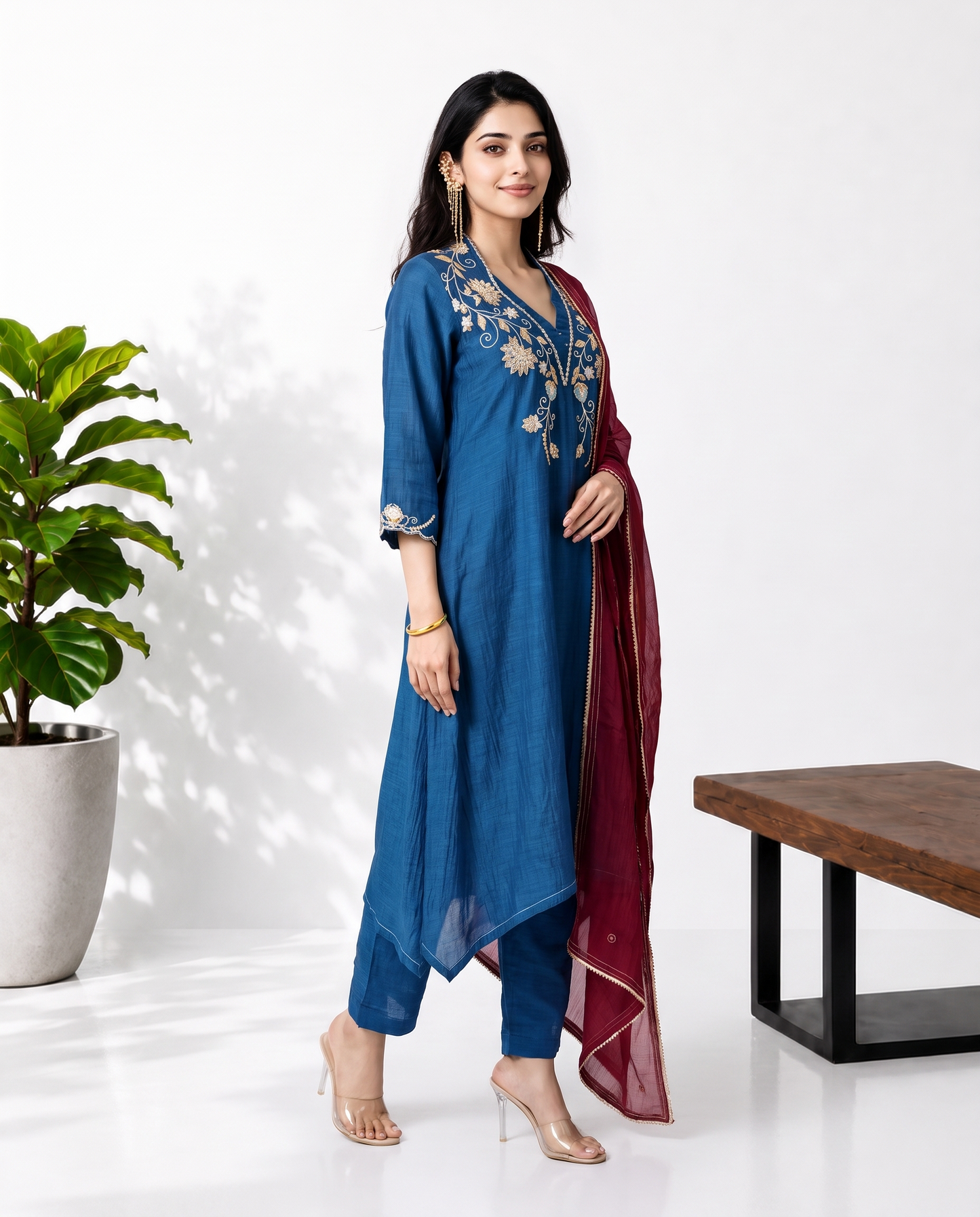 Blue Magenta Mul Chanderi Suitset