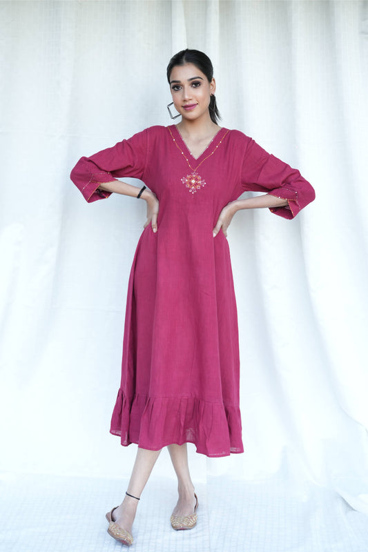 Red Cotton Slub Embroidered Dress