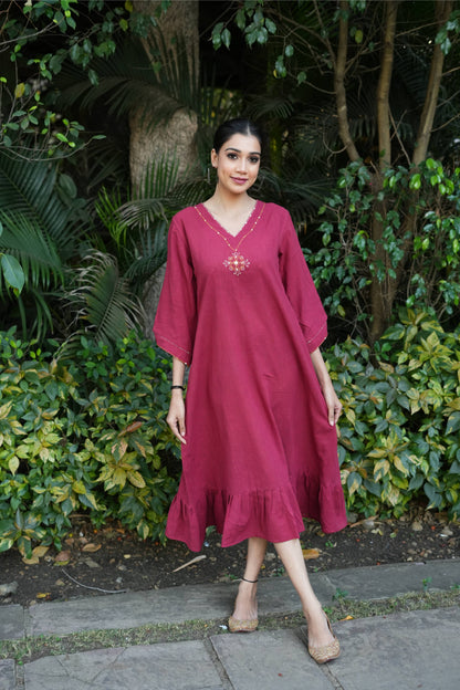 Red Cotton Slub Embroidered Dress