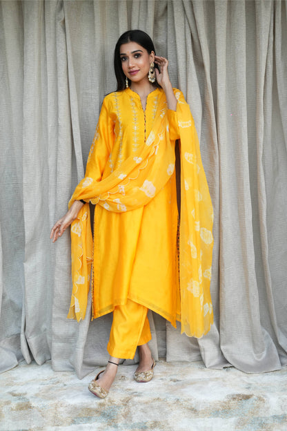 Yellow Chanderi White Embroidered Suit Set