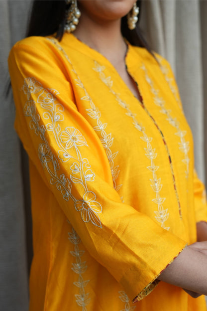 Yellow Chanderi White Embroidered Suit Set