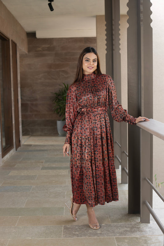 Red Modal Fan high neck Tier Print dress
