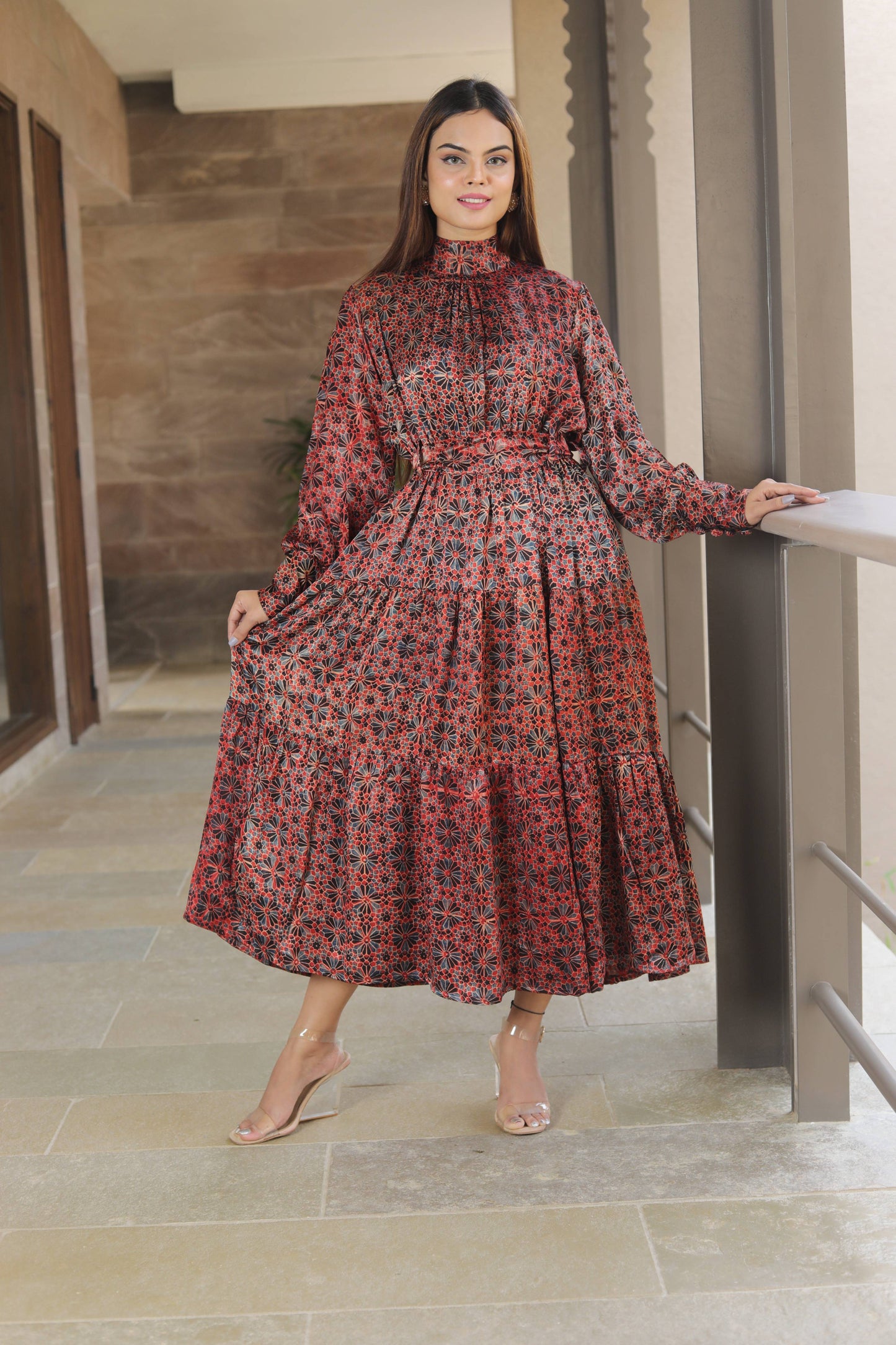 Modal Silk Red And Black High Neck Dress