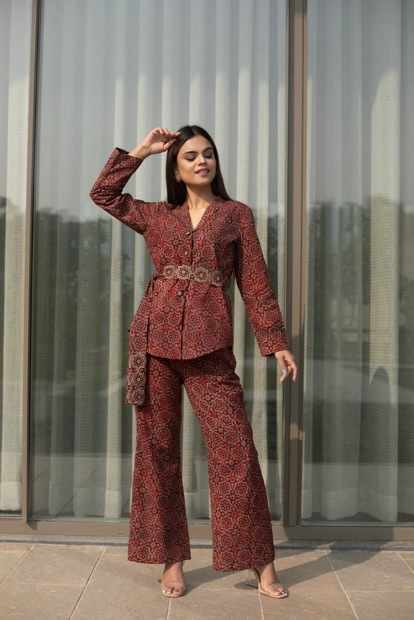 Red Ajrakh Cordset  with zari Embellished belt