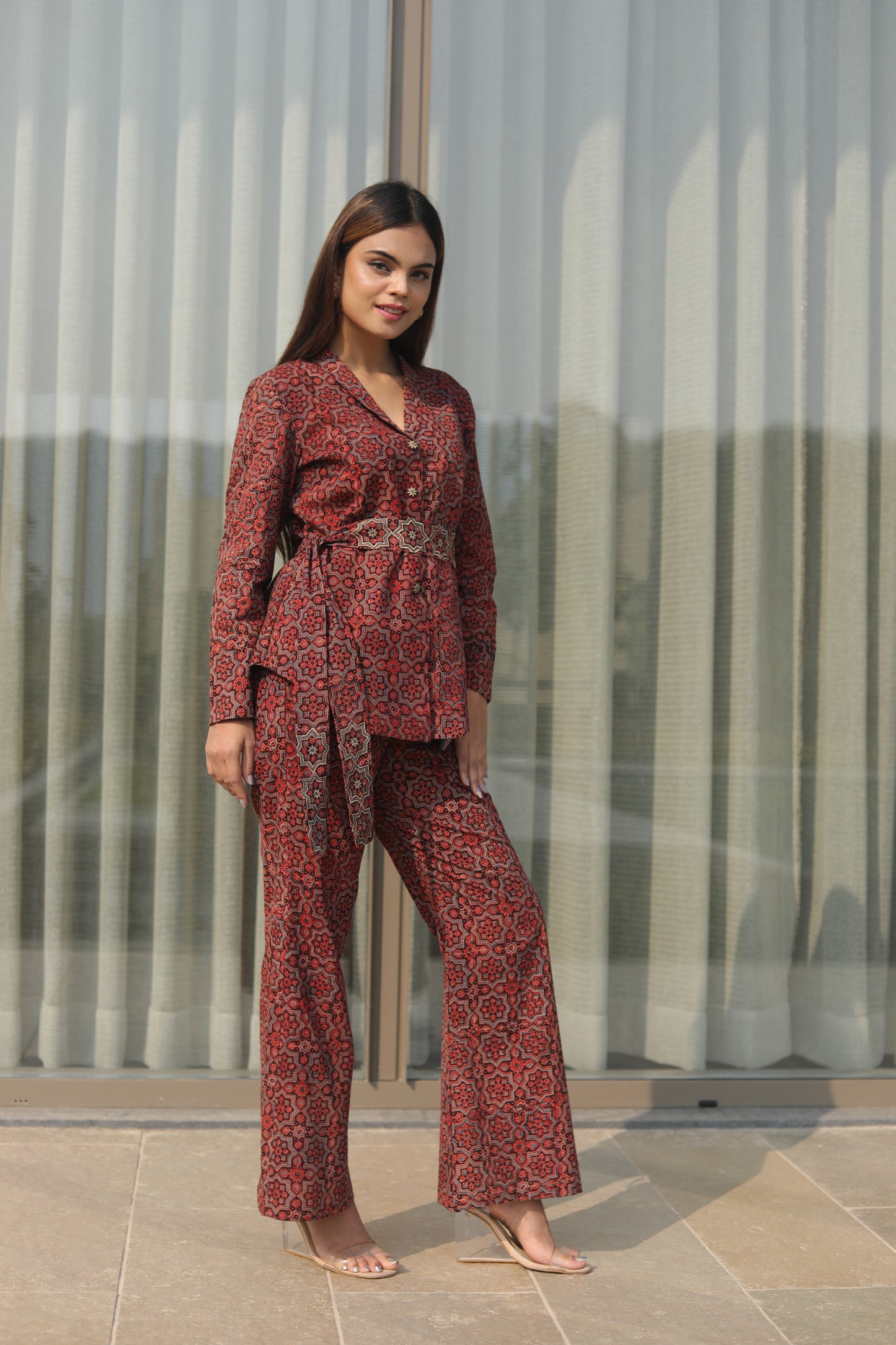 Red Ajrakh Cordset  with zari Embellished belt