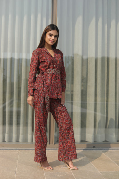 Red Ajrakh Cordset  with zari Embellished belt