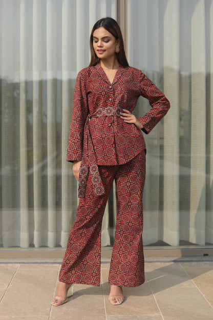 Red Ajrakh Cordset  with zari Embellished belt