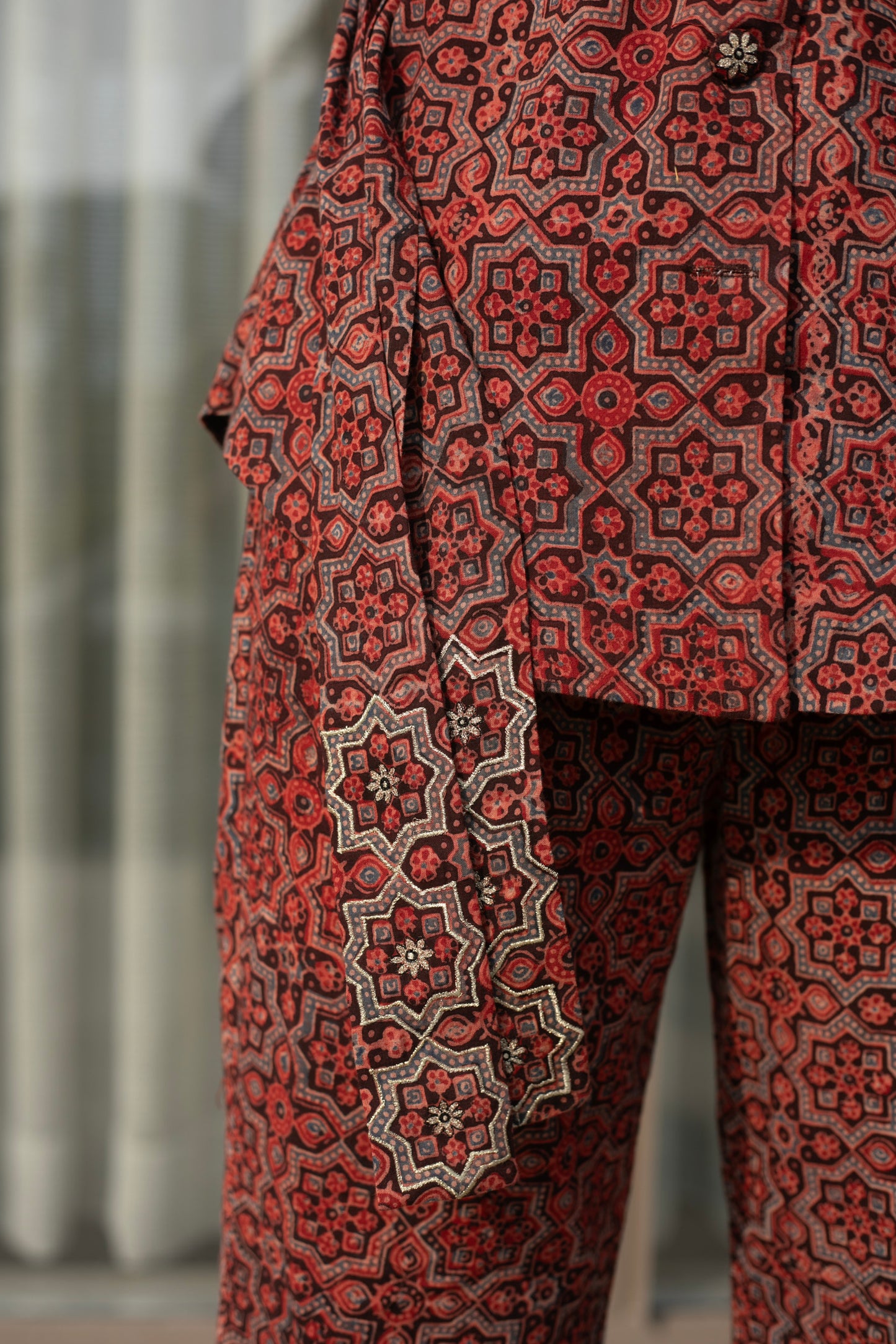 Red Ajrakh Cordset  with zari Embellished belt