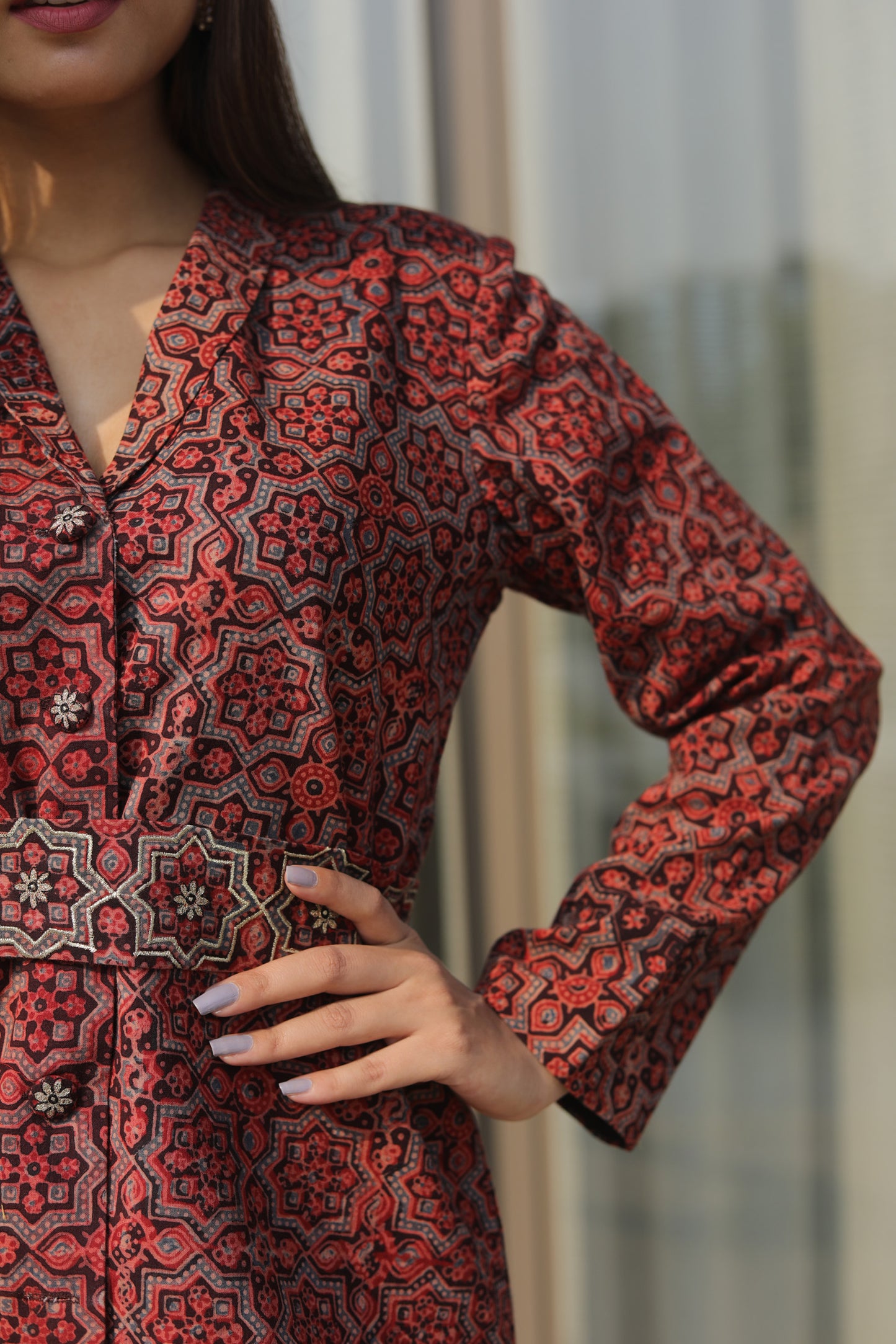 Red Ajrakh Cordset  with zari Embellished belt