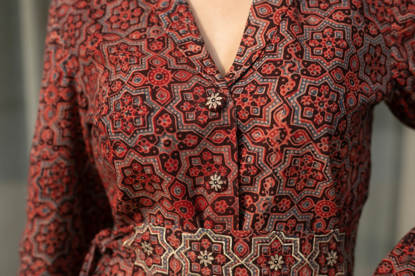 Red Ajrakh Cordset  with zari Embellished belt
