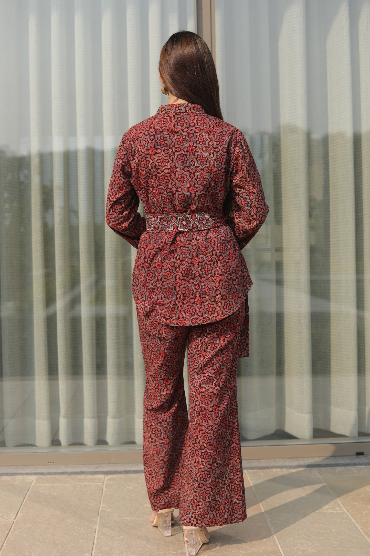 Red Ajrakh Cordset  with zari Embellished belt