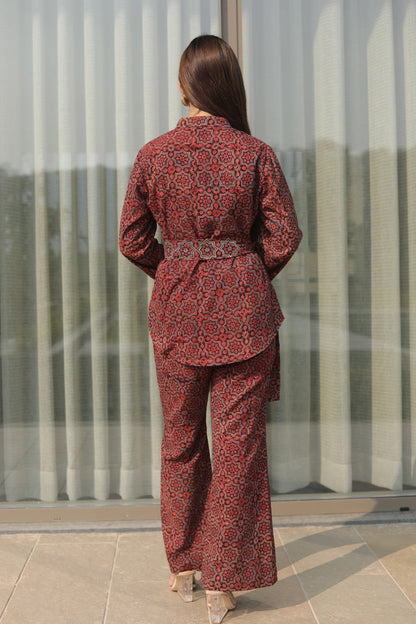 Red Ajrakh Cordset  with zari Embellished belt